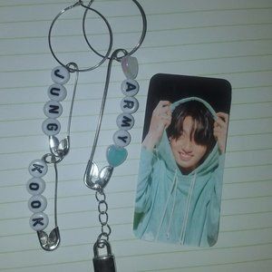 BTS Merch - Handmade Safety Pin Kpop Dangle Hoop Earrings with Jungkook Photo